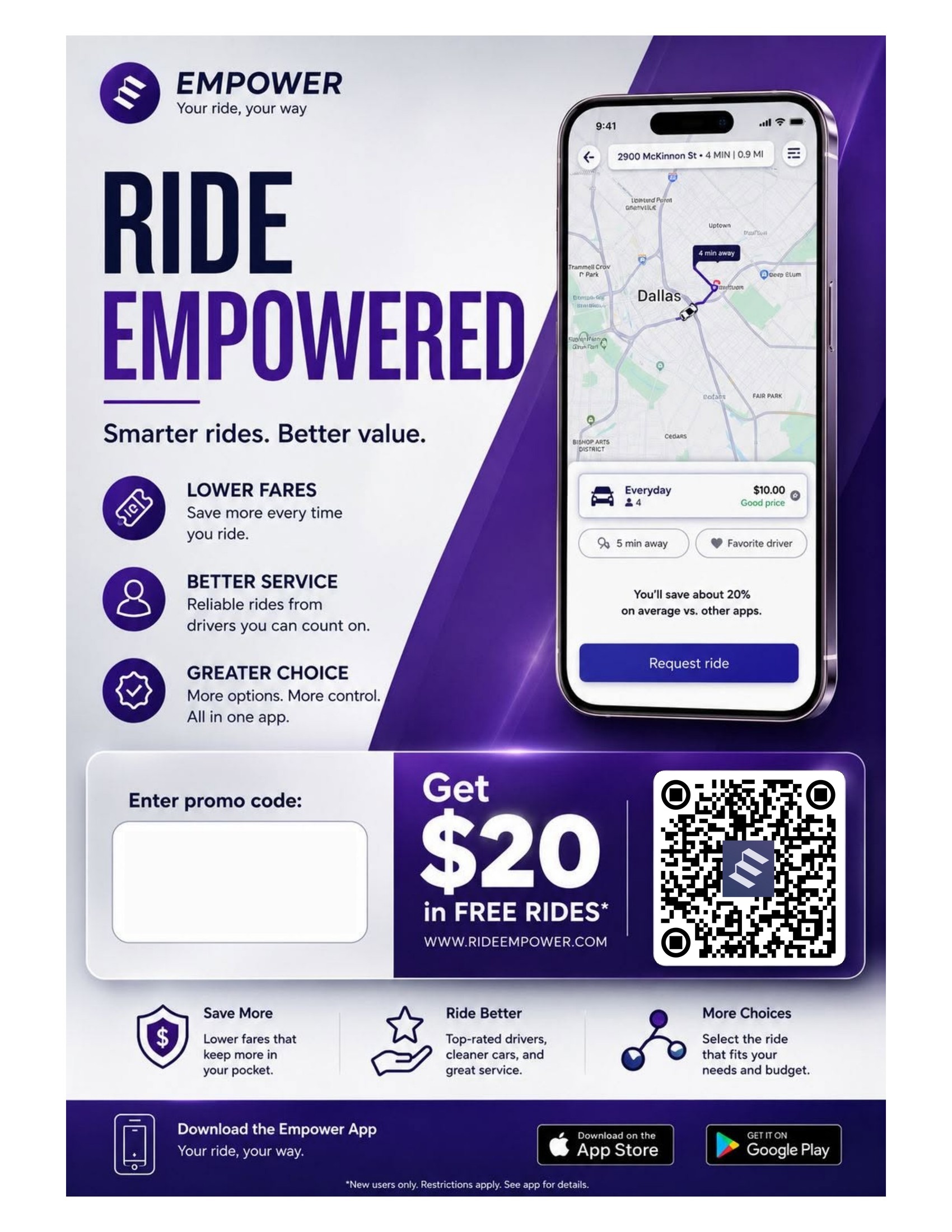 Ride Empowered flyer — $20 in free rides promo